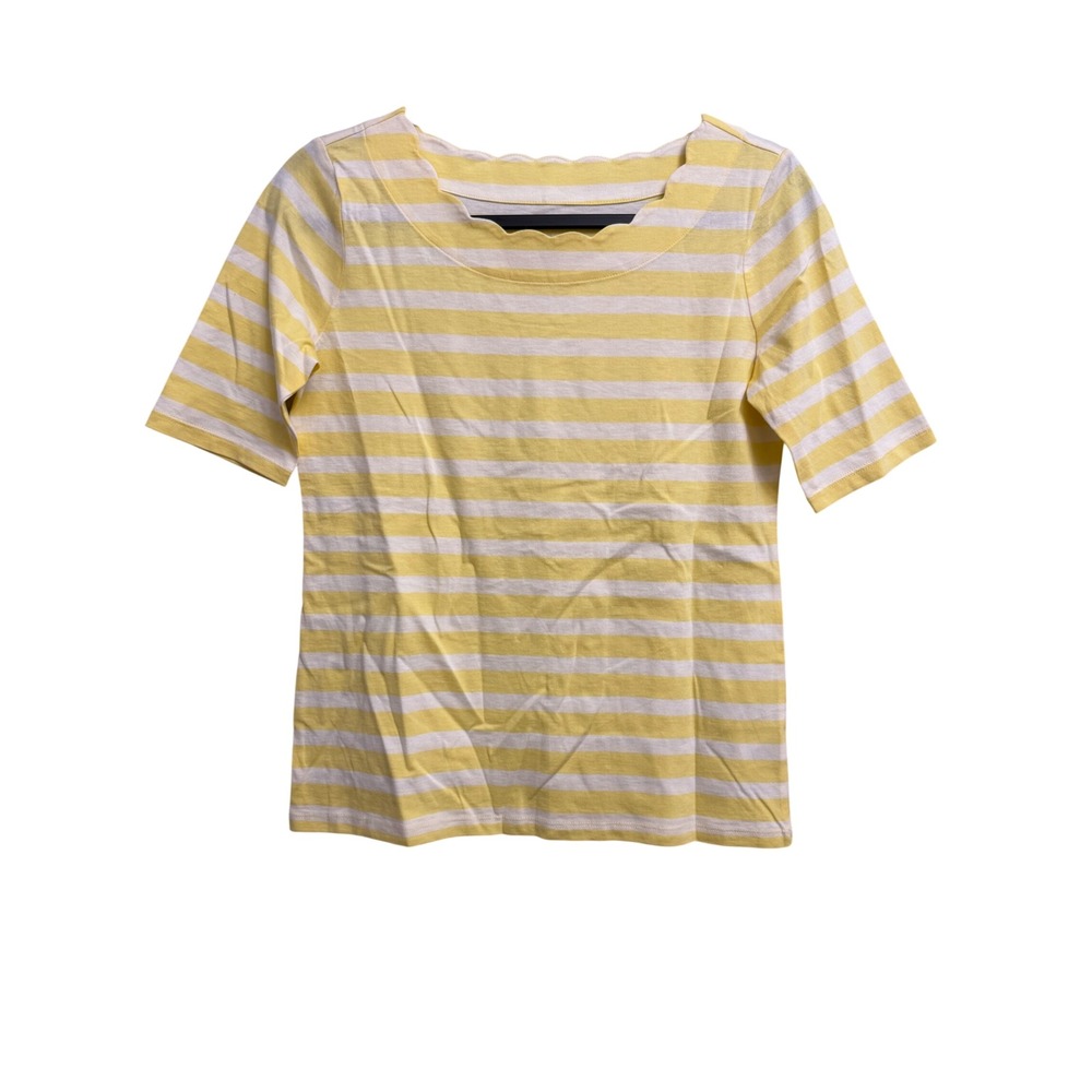 Talbots Yellow White Striped Pima Cotton Scallop Neck Top XS Elbow Sleeve